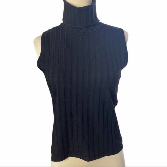 Black Sleeveless Mock Neck Ribbed Top, Capsule, Staple, minimalist, Career L - Picture 3 of 10